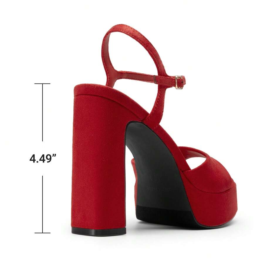 Women's open toe chunky high heel sandals featuring a platform sole, buckle ankle strap, and plain PU leather finish.