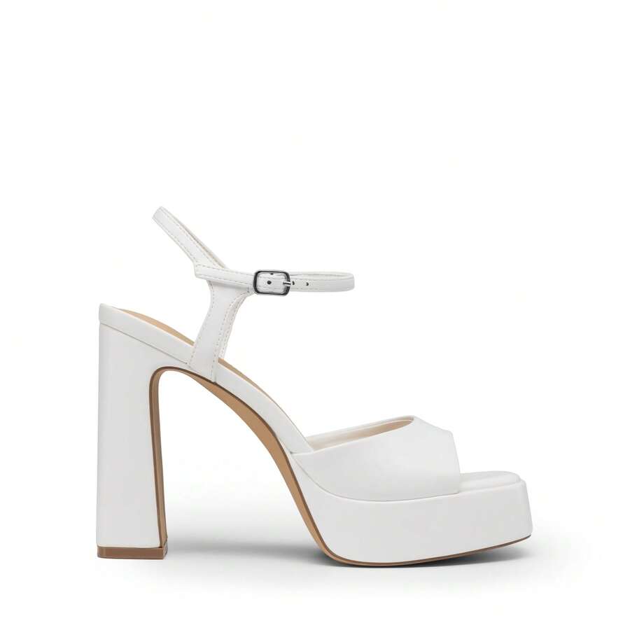 Women's open toe chunky high heel sandals featuring a platform sole, buckle ankle strap, and plain PU leather finish.