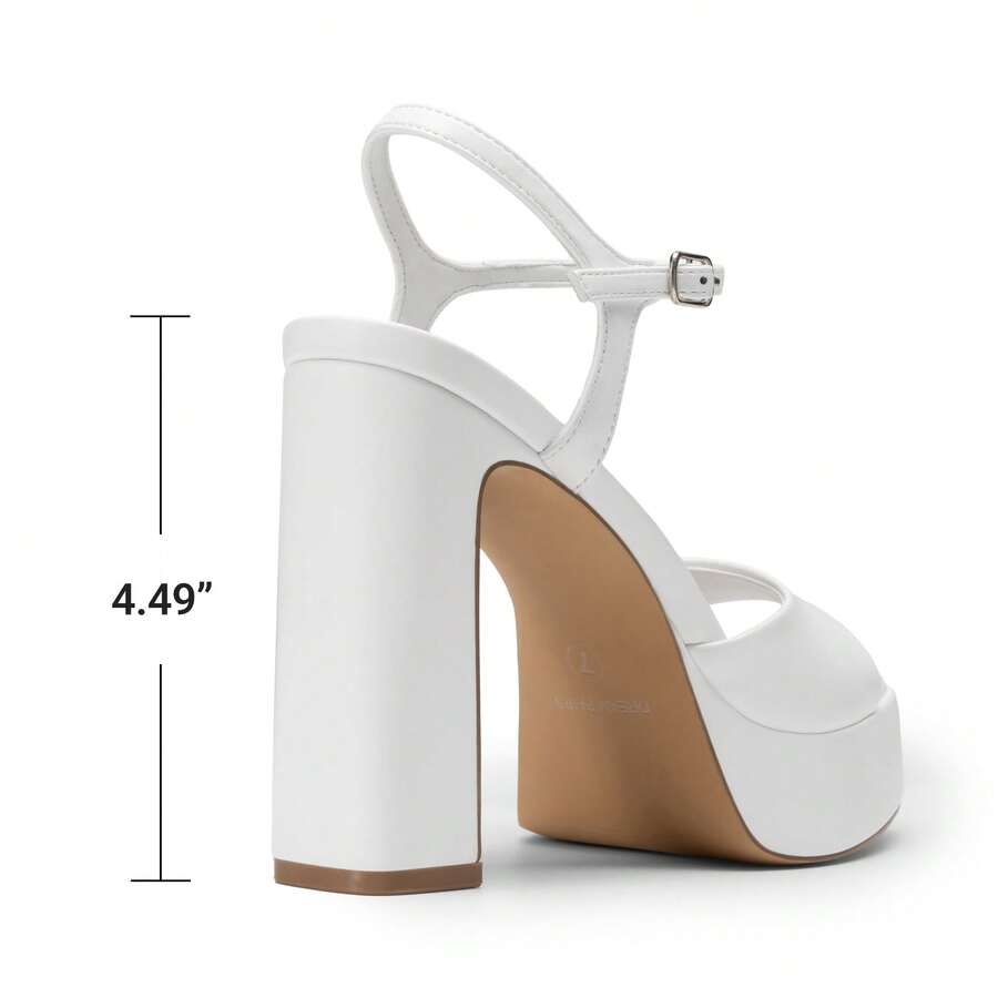 Women's open toe chunky high heel sandals featuring a platform sole, buckle ankle strap, and plain PU leather finish.
