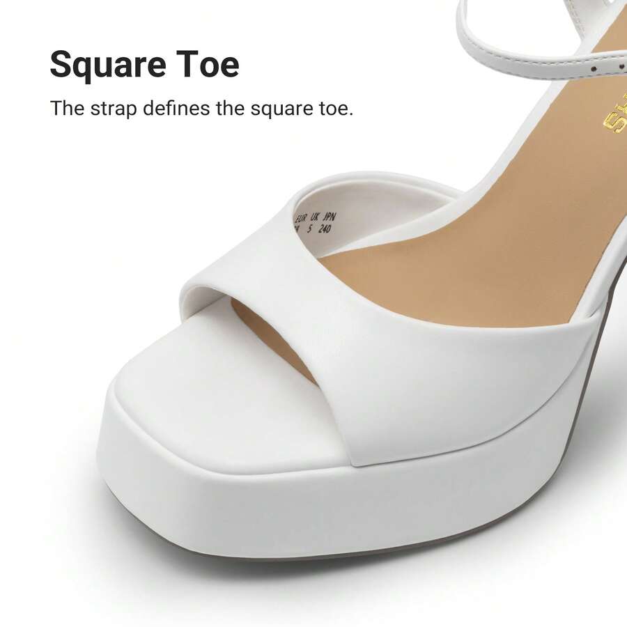 Women's open toe chunky high heel sandals featuring a platform sole, buckle ankle strap, and plain PU leather finish.