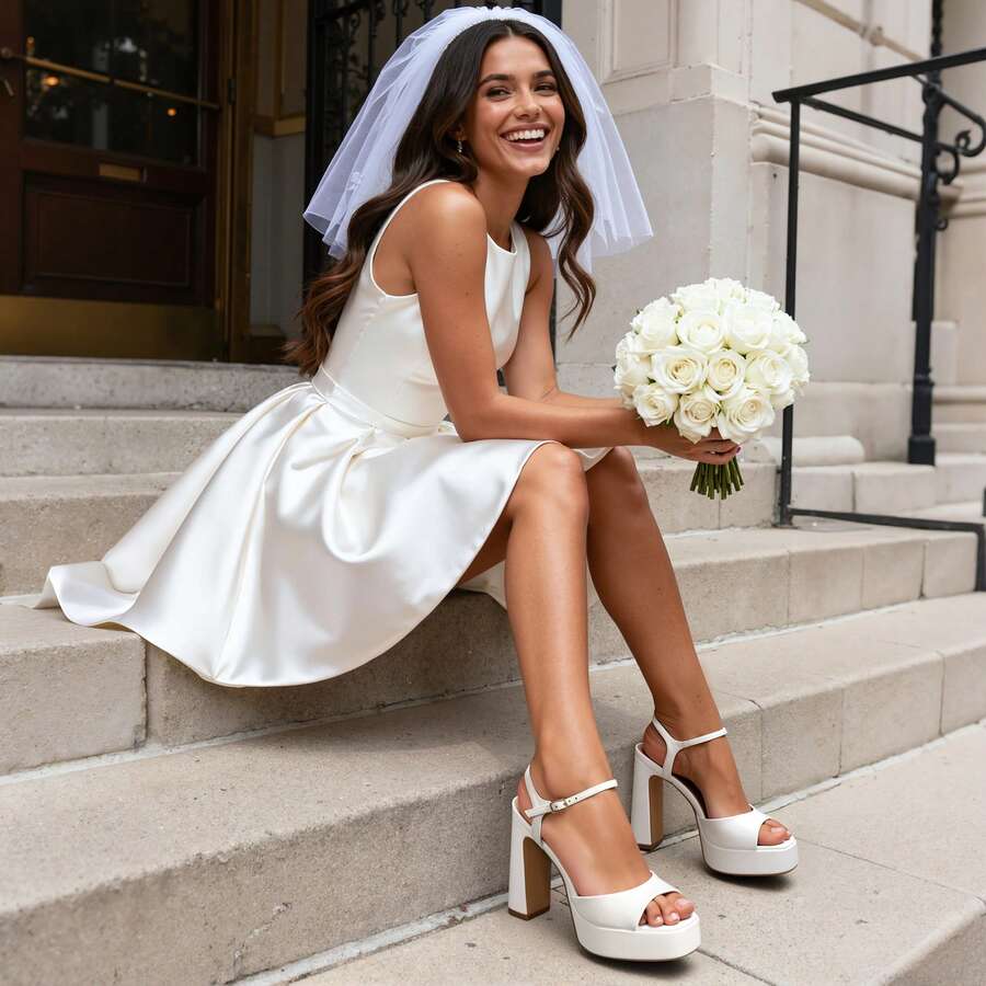 Women's open toe chunky high heel sandals featuring a platform sole, buckle ankle strap, and plain PU leather finish.
