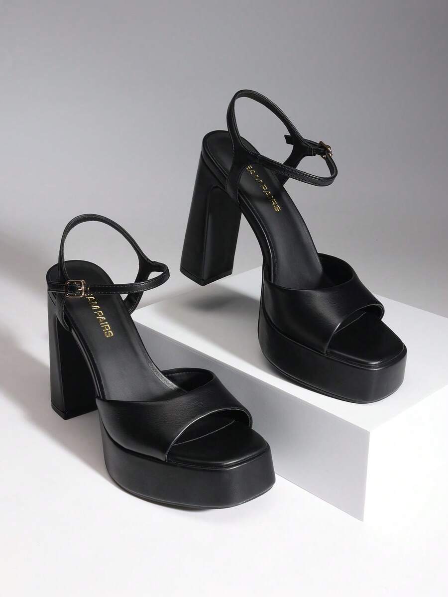Women's open toe chunky high heel sandals featuring a platform sole, buckle ankle strap, and plain PU leather finish.