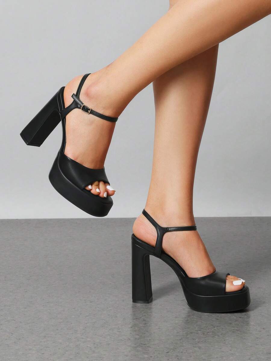 Women's open toe chunky high heel sandals featuring a platform sole, buckle ankle strap, and plain PU leather finish.