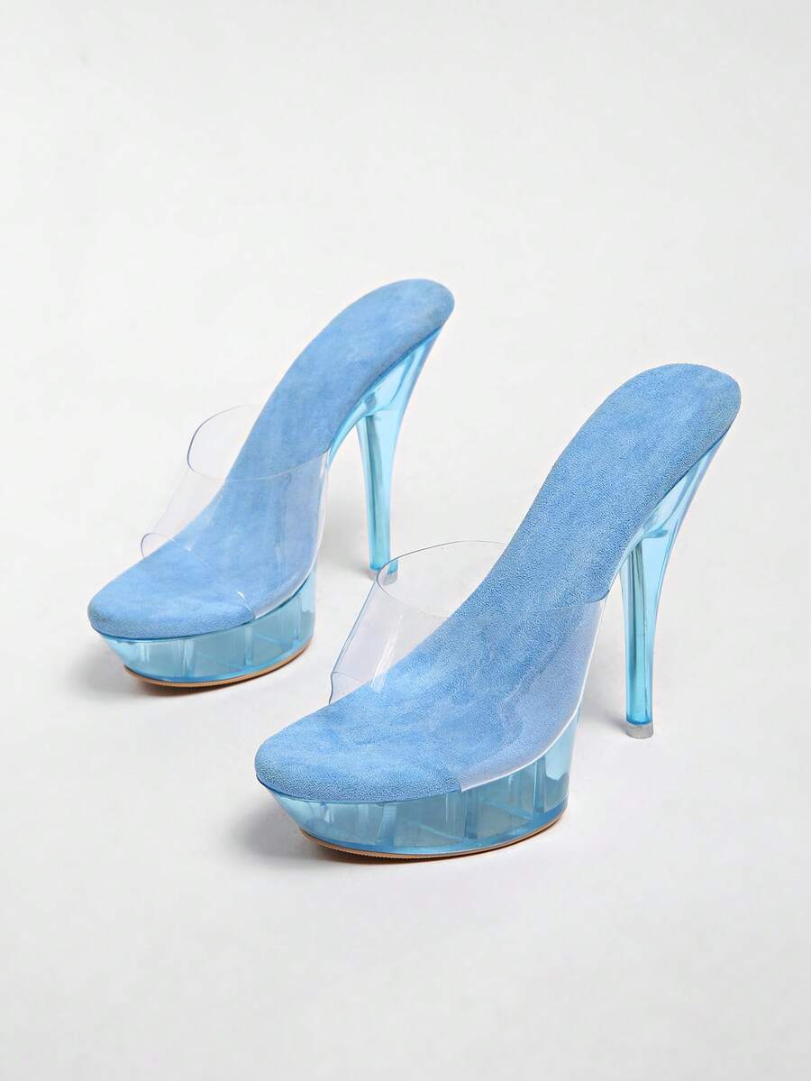 Transparent chunky heel platform slide sandals for women featuring clear PVC upper, open toe design, and ultra high heels.