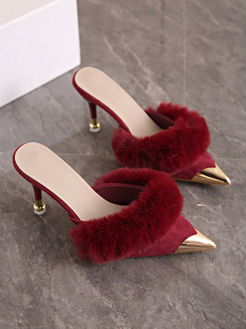 Burgundy pointed toe stiletto heel mules featuring fuzzy faux fur trim and a sleek slip-on design.