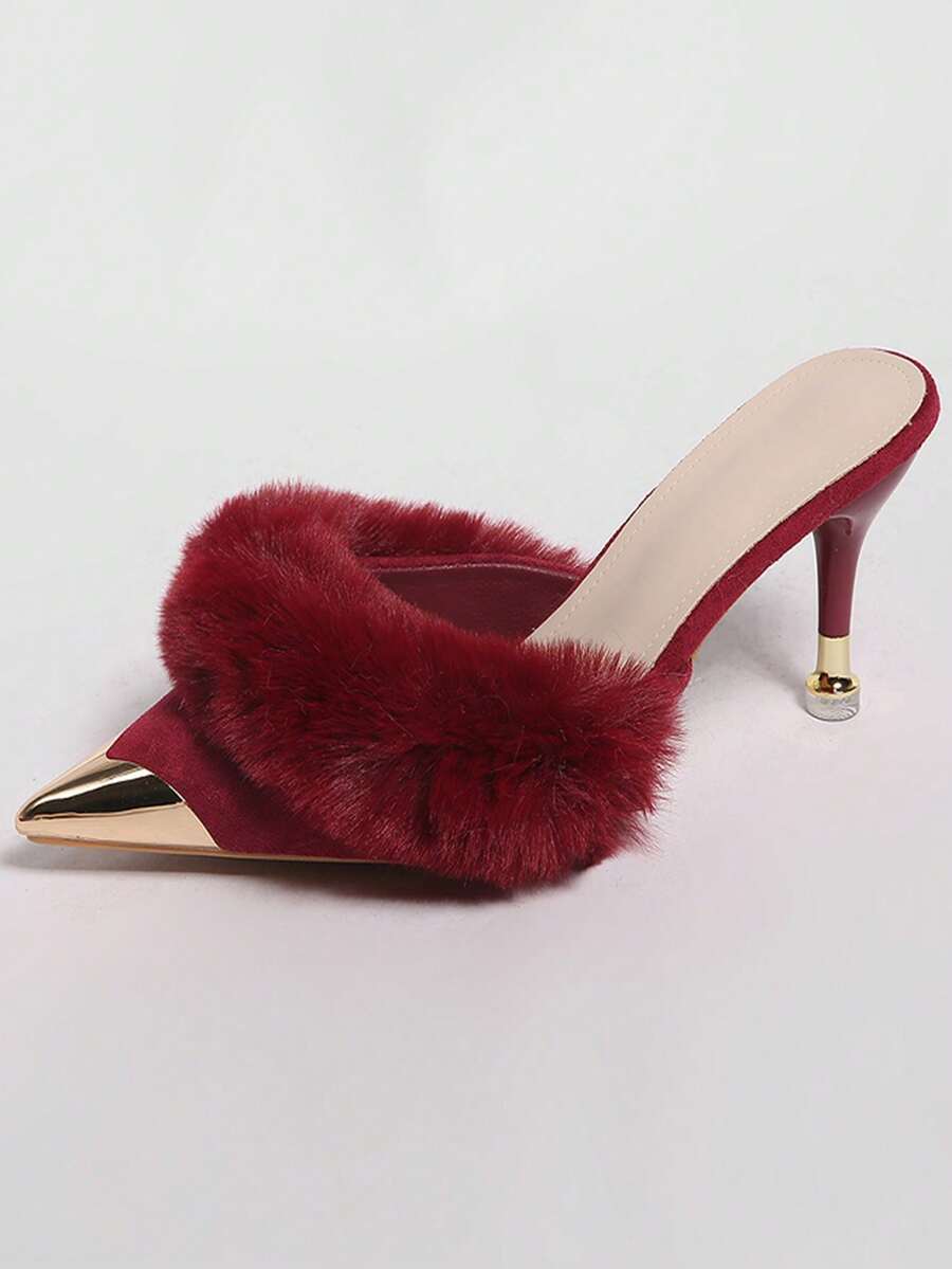 Burgundy pointed toe stiletto heel mules featuring fuzzy faux fur trim and a sleek slip-on design.