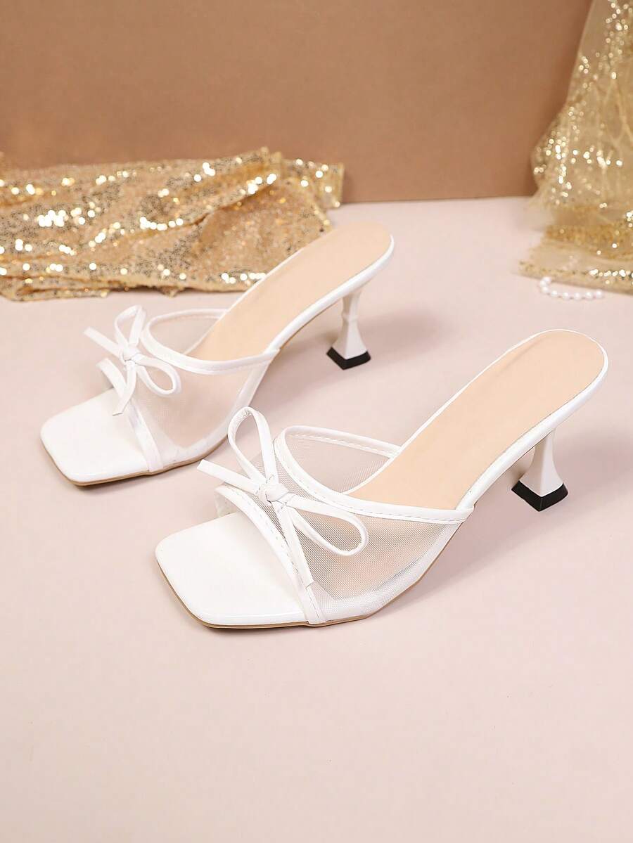 Square toe thin heel thong sandals for women featuring an open toe, bowknot detail, and slip-on slingback design.