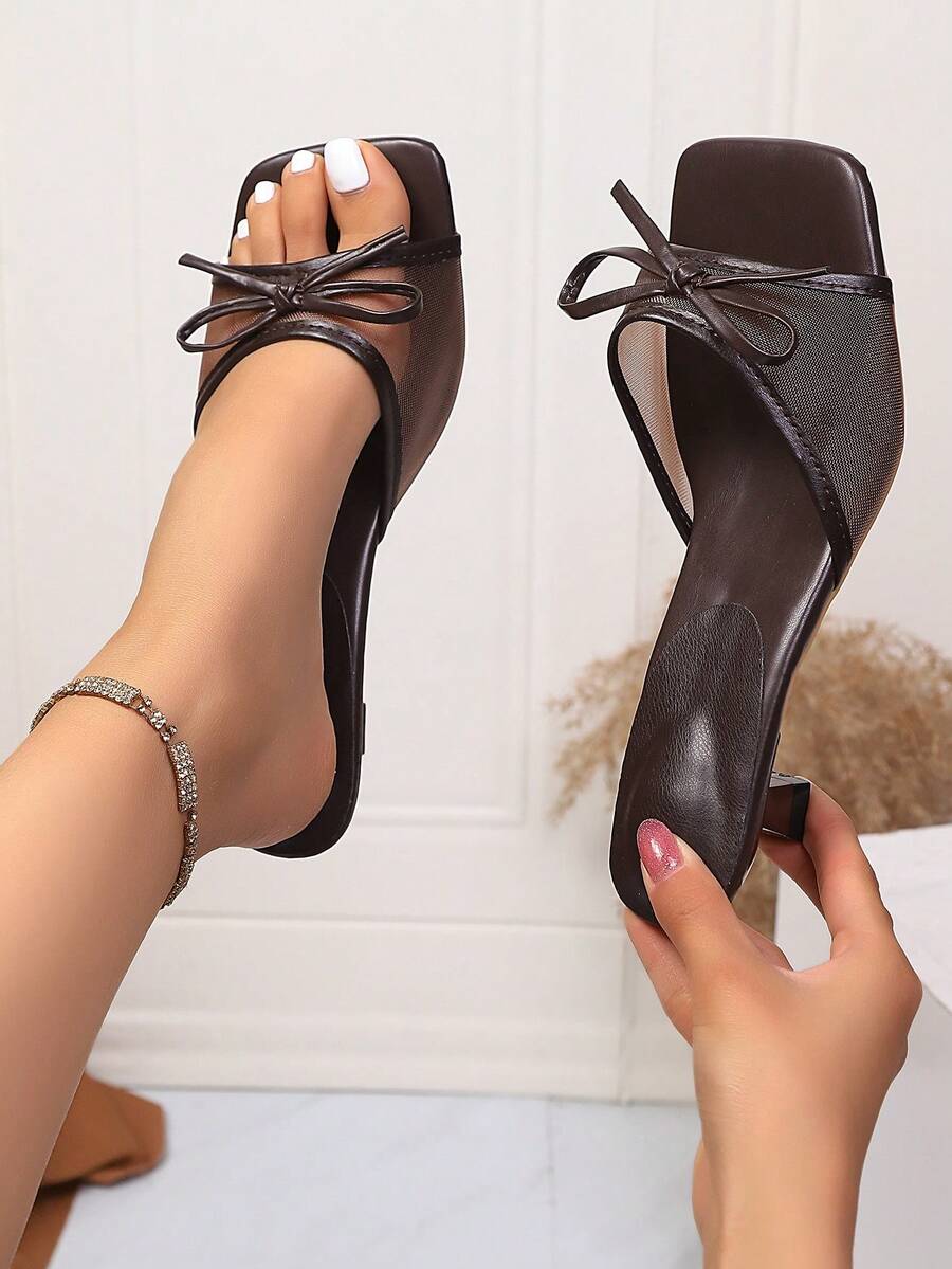 Square toe thin heel thong sandals for women featuring an open toe, bowknot detail, and slip-on slingback design.