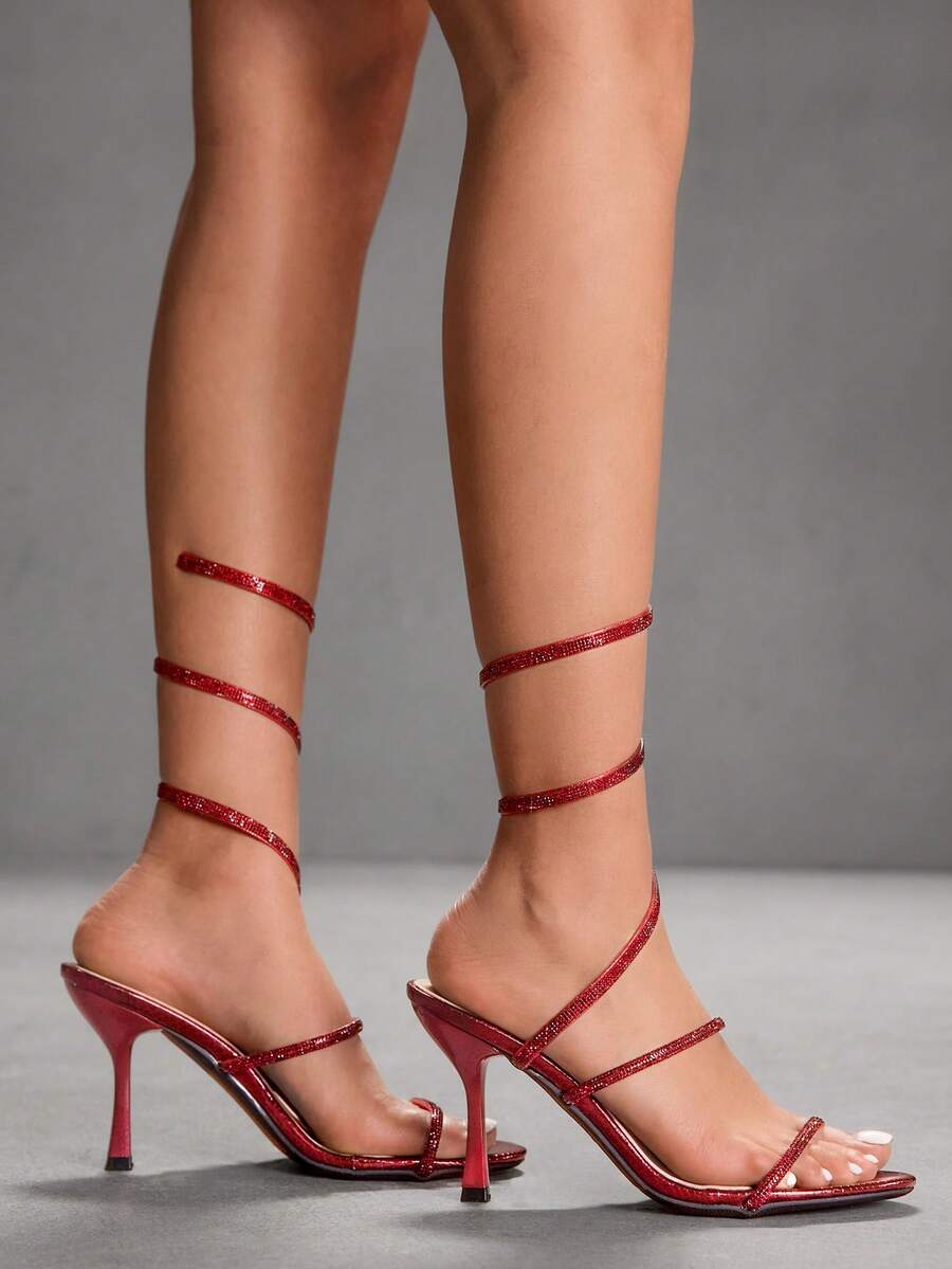 Women's sparkling rhinestone snake wrap stiletto high heel party sandals with open toe design