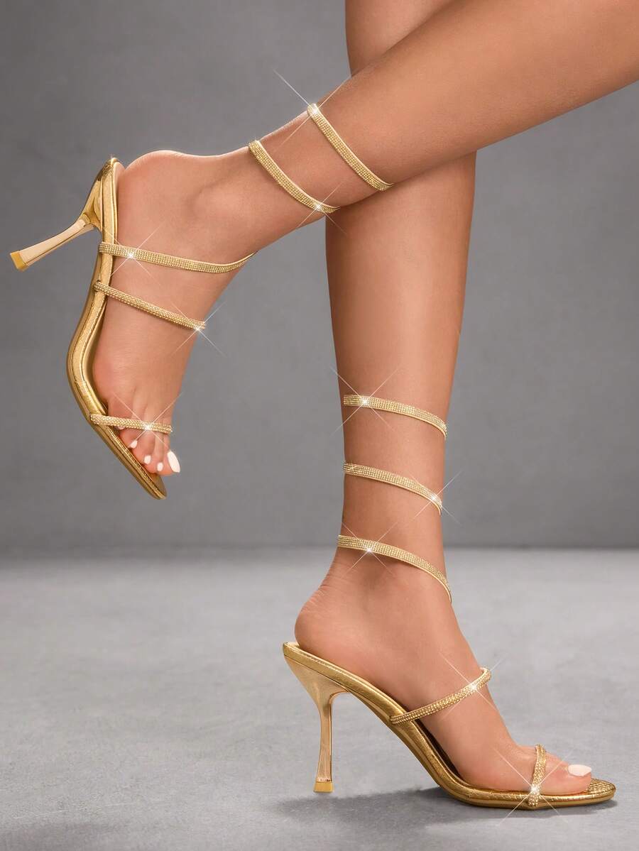 Women's sparkling rhinestone snake wrap stiletto high heel party sandals with open toe design