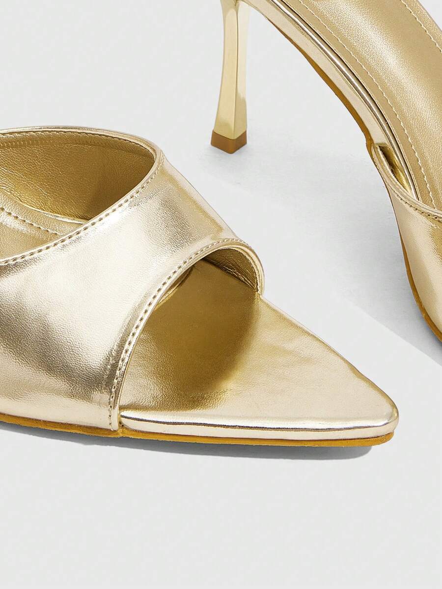 Women's black high heel sandals featuring contrast mesh upper, rhinestone embellishments, and a stiletto heel.