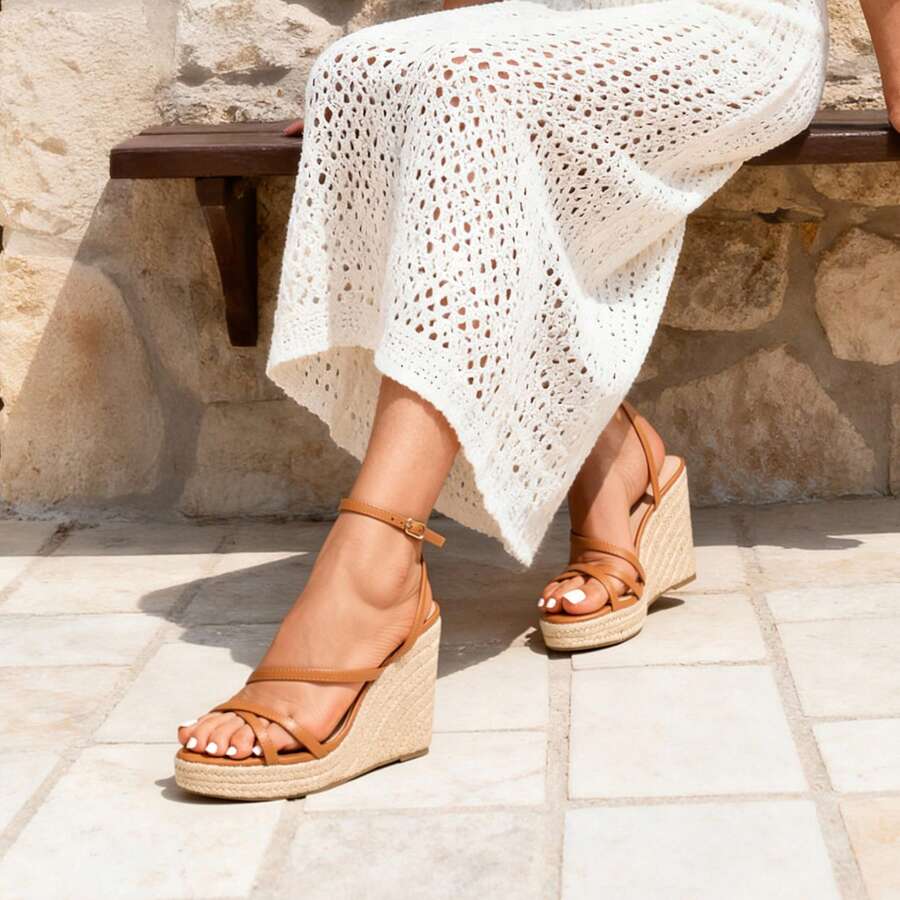 Women's strappy espadrille platform wedge sandals featuring an open toe design and adjustable ankle buckle strap