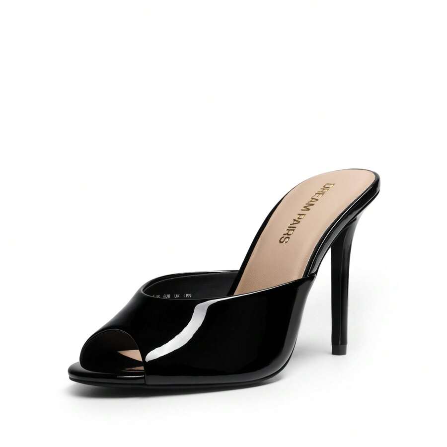 Women's peep toe stiletto mule sandals in white featuring a sleek high heel and slip-on design for party and wedding wear.