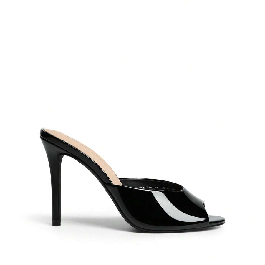 Women's peep toe stiletto mule sandals in white featuring a sleek high heel and slip-on design for party and wedding wear.