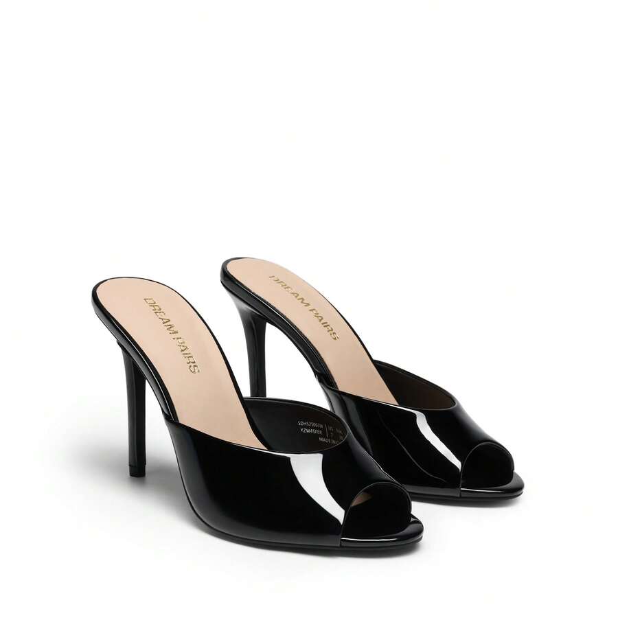 Women's peep toe stiletto mule sandals in white featuring a sleek high heel and slip-on design for party and wedding wear.