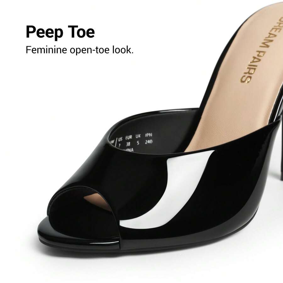 Women's peep toe stiletto mule sandals in white featuring a sleek high heel and slip-on design for party and wedding wear.