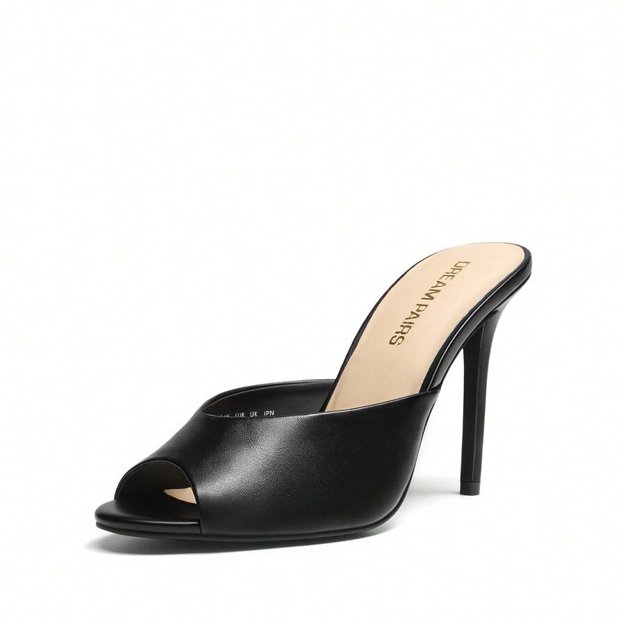 Women's peep toe stiletto mule sandals in white featuring a sleek high heel and slip-on design for party and wedding wear.
