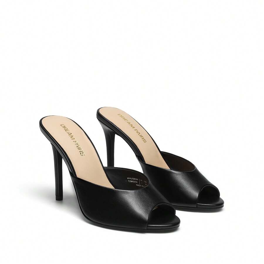 Women's peep toe stiletto mule sandals in white featuring a sleek high heel and slip-on design for party and wedding wear.