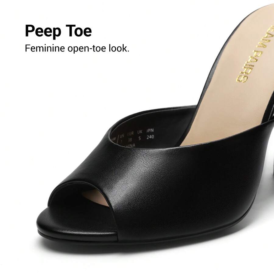 Women's peep toe stiletto mule sandals in white featuring a sleek high heel and slip-on design for party and wedding wear.