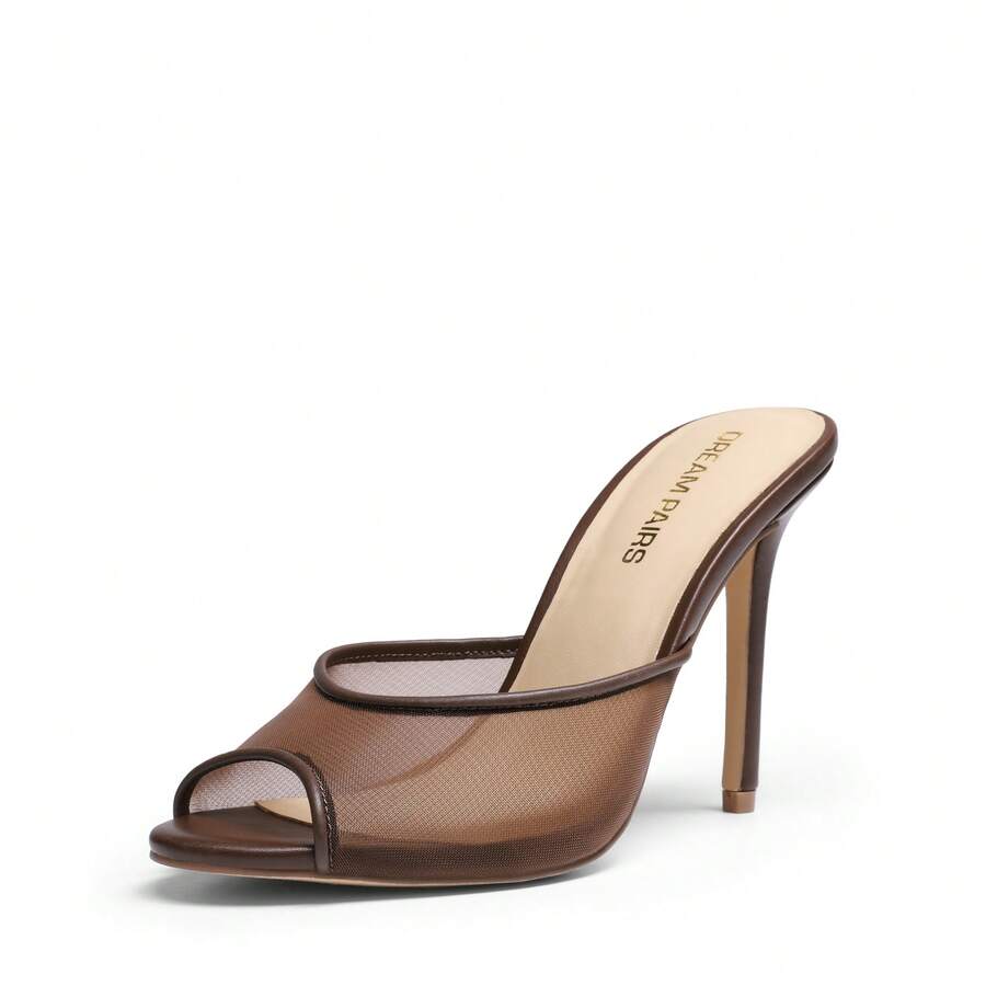 Women's peep toe stiletto mule sandals in white featuring a sleek high heel and slip-on design for party and wedding wear.