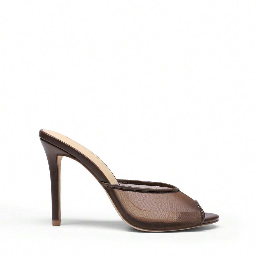 Women's peep toe stiletto mule sandals in white featuring a sleek high heel and slip-on design for party and wedding wear.