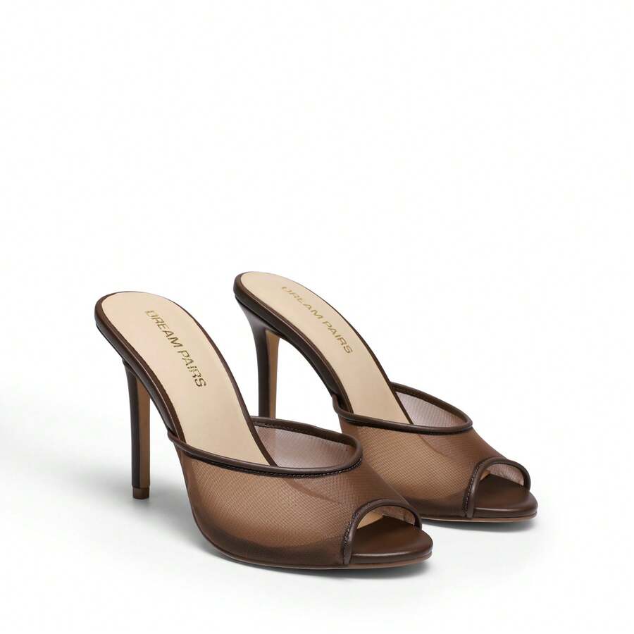 Women's peep toe stiletto mule sandals in white featuring a sleek high heel and slip-on design for party and wedding wear.