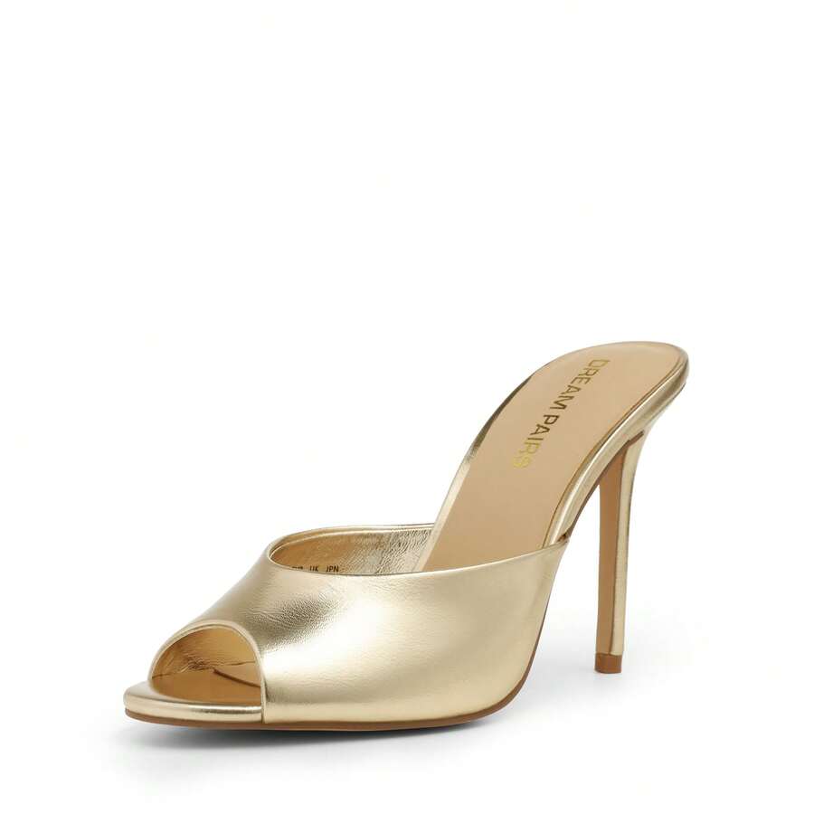 Women's peep toe stiletto mule sandals in white featuring a sleek high heel and slip-on design for party and wedding wear.