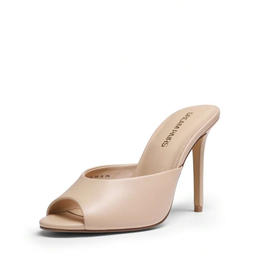 Women's peep toe stiletto mule sandals in white featuring a sleek high heel and slip-on design for party and wedding wear.