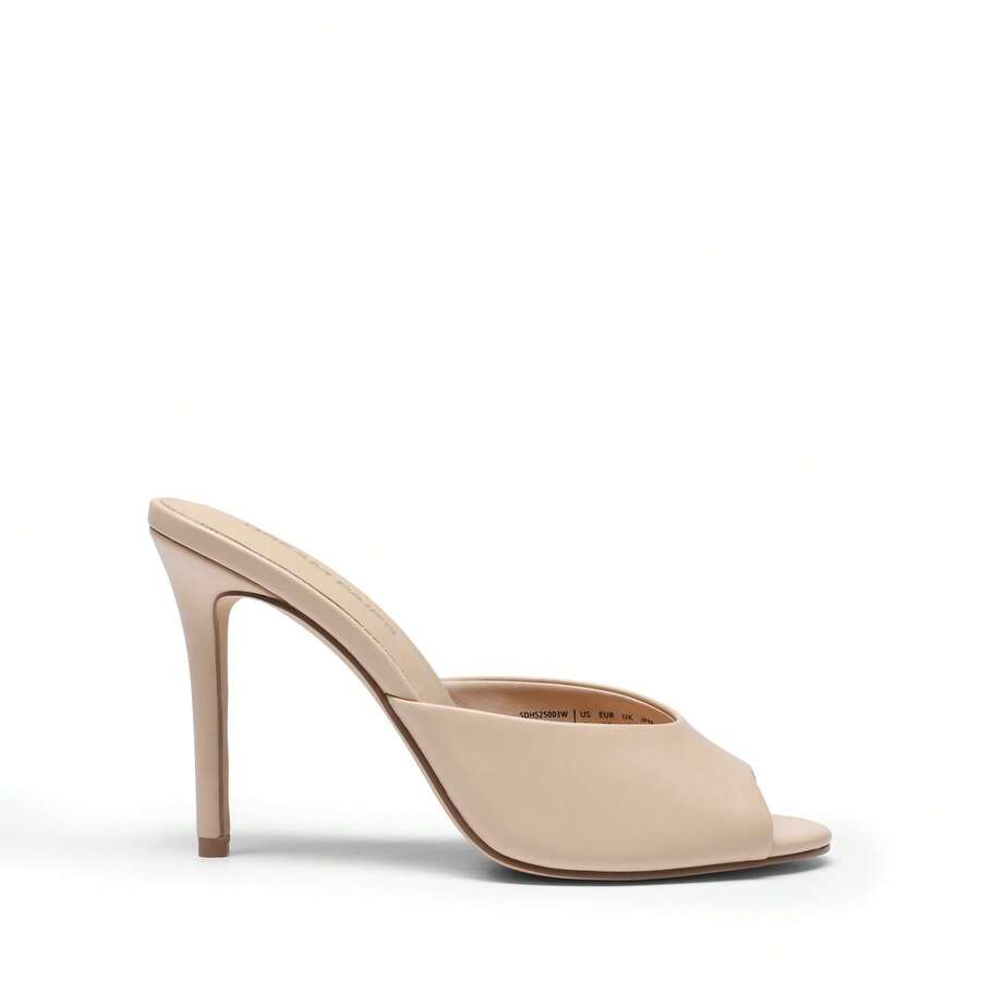 Women's peep toe stiletto mule sandals in white featuring a sleek high heel and slip-on design for party and wedding wear.