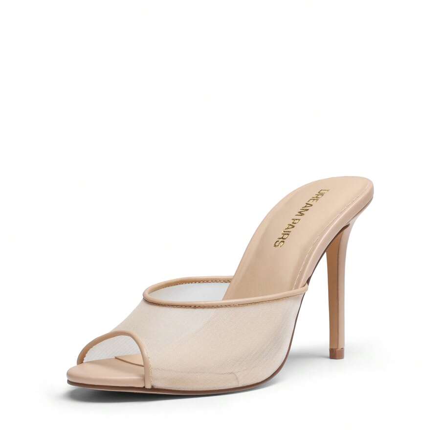 Women's peep toe stiletto mule sandals in white featuring a sleek high heel and slip-on design for party and wedding wear.