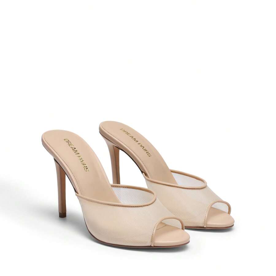 Women's peep toe stiletto mule sandals in white featuring a sleek high heel and slip-on design for party and wedding wear.