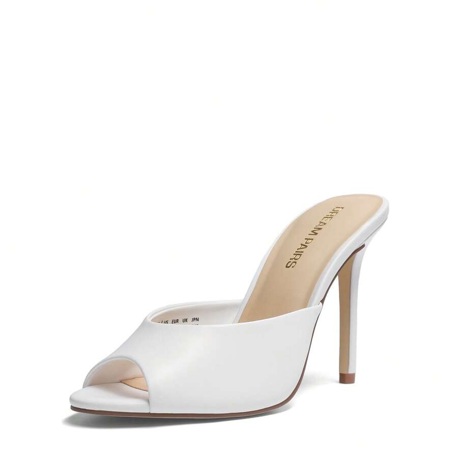 Women's peep toe stiletto mule sandals in white featuring a sleek high heel and slip-on design for party and wedding wear.