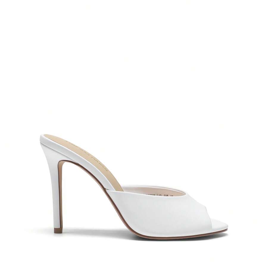 Women's peep toe stiletto mule sandals in white featuring a sleek high heel and slip-on design for party and wedding wear.