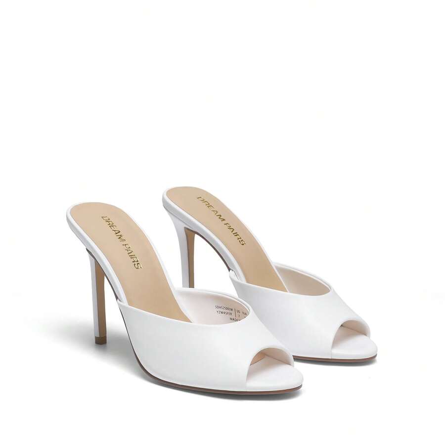 Women's peep toe stiletto mule sandals in white featuring a sleek high heel and slip-on design for party and wedding wear.
