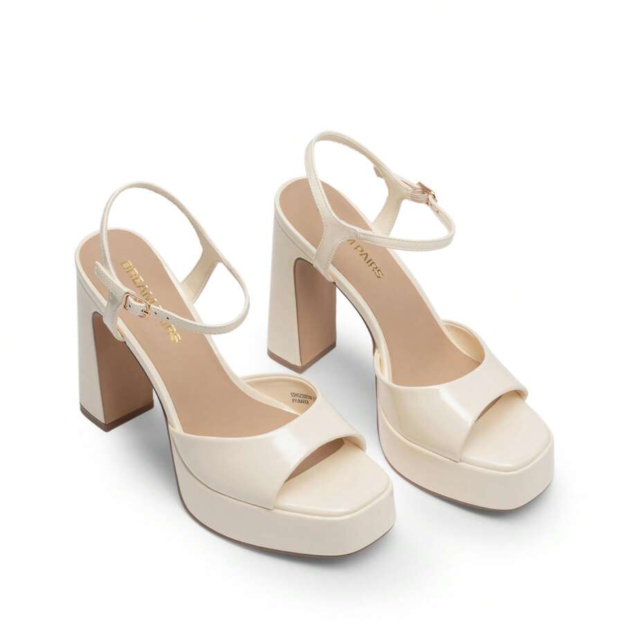 Women's open toe chunky high heel sandals featuring a platform sole, buckle ankle strap, and plain PU leather finish.