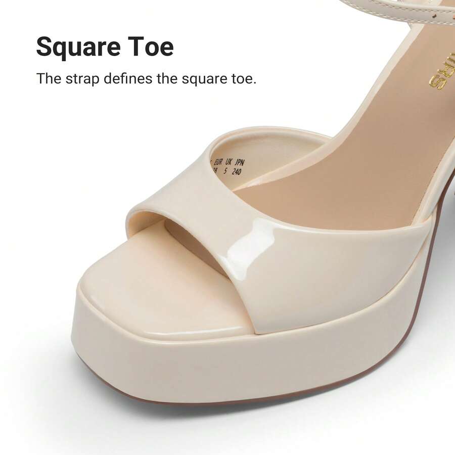 Women's open toe chunky high heel sandals featuring a platform sole, buckle ankle strap, and plain PU leather finish.