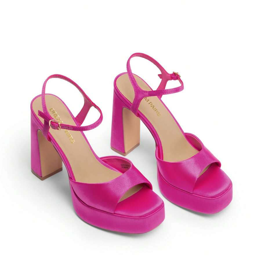 Women's open toe chunky high heel sandals featuring a platform sole, buckle ankle strap, and plain PU leather finish.