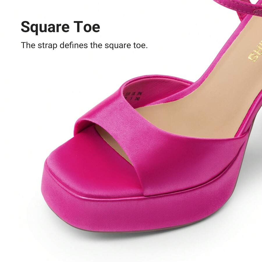 Women's open toe chunky high heel sandals featuring a platform sole, buckle ankle strap, and plain PU leather finish.