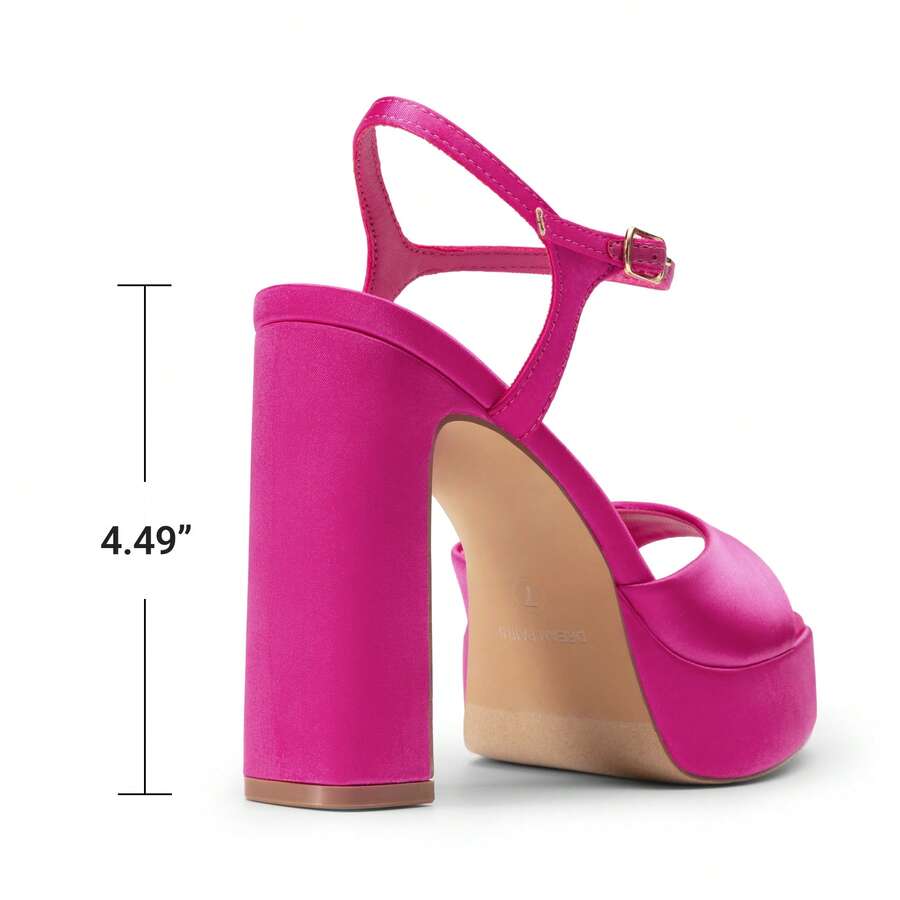 Women's open toe chunky high heel sandals featuring a platform sole, buckle ankle strap, and plain PU leather finish.