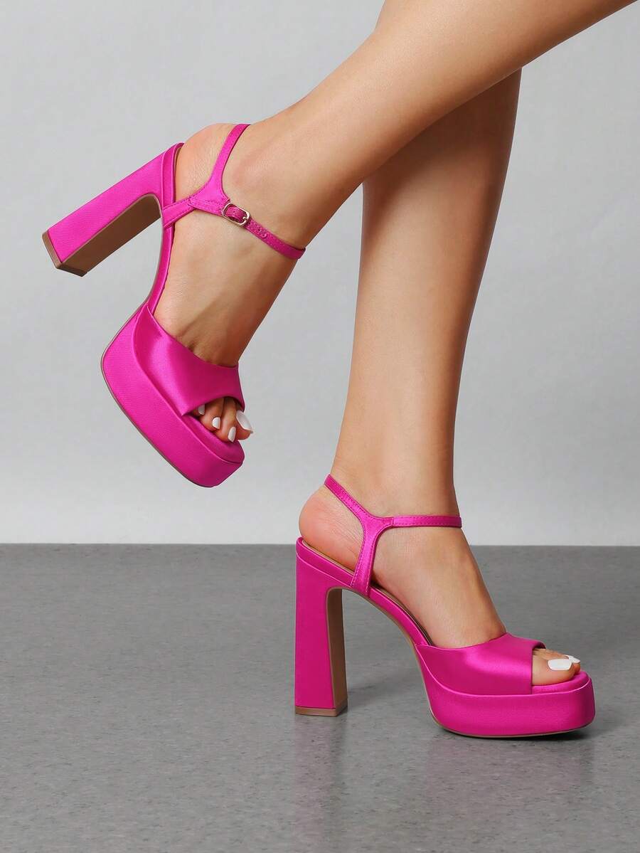 Women's open toe chunky high heel sandals featuring a platform sole, buckle ankle strap, and plain PU leather finish.