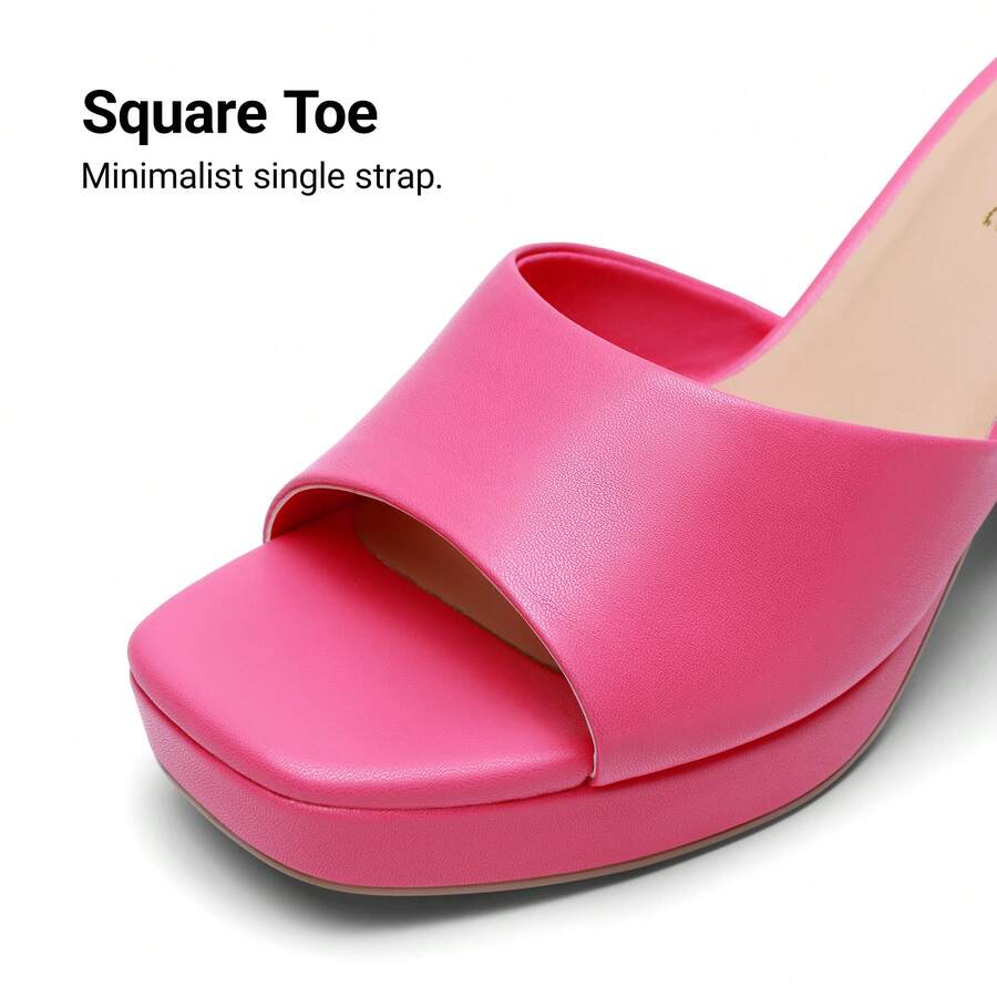 Women's minimalist open toe mule sandals featuring a chunky low heel, wide single strap, and slip-on design.