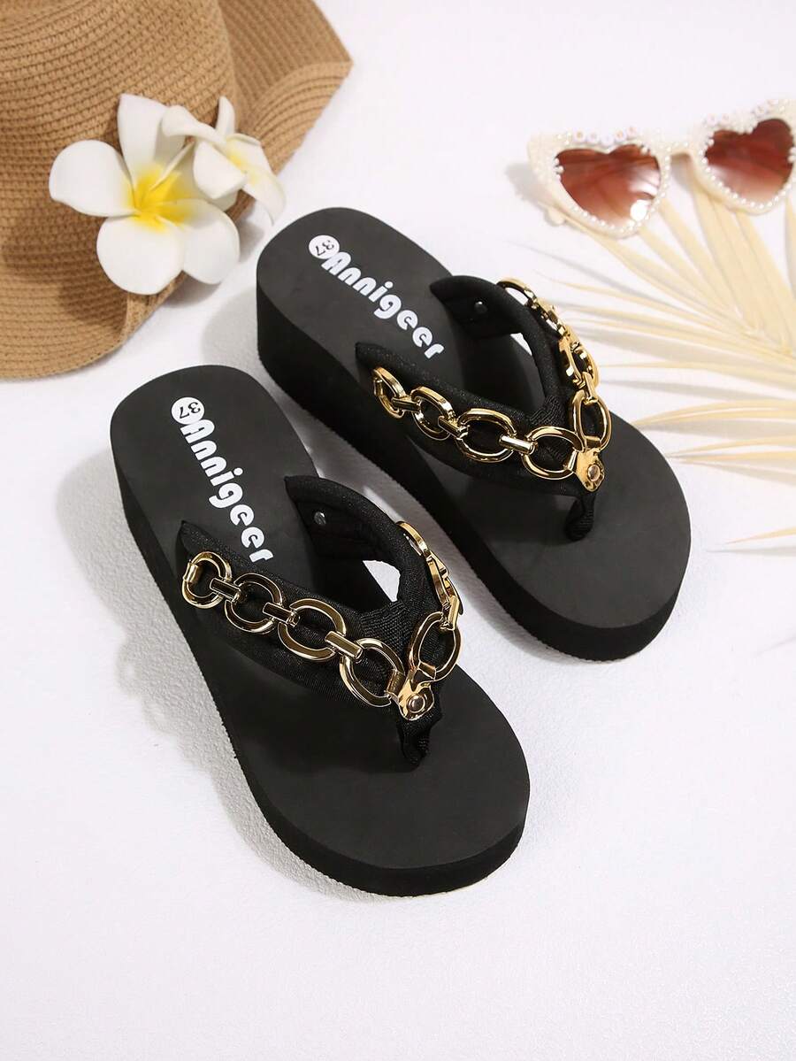Beige platform wedge flip flop slippers featuring decorative chain and shell details with EVA sole for women.