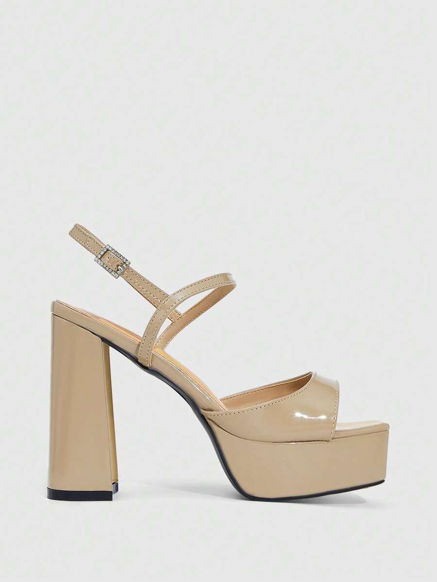 Women's open square toe patent leather high heel sandals featuring a chunky heel and slingback buckle strap