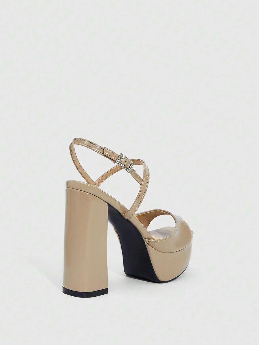 Women's open square toe patent leather high heel sandals featuring a chunky heel and slingback buckle strap