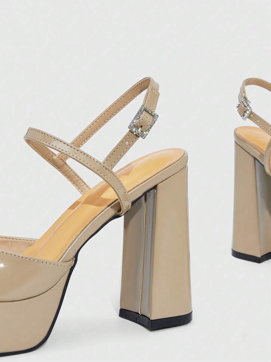 Women's open square toe patent leather high heel sandals featuring a chunky heel and slingback buckle strap