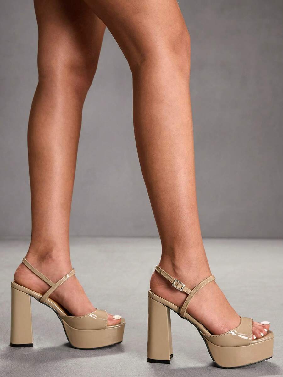 Women's open square toe patent leather high heel sandals featuring a chunky heel and slingback buckle strap