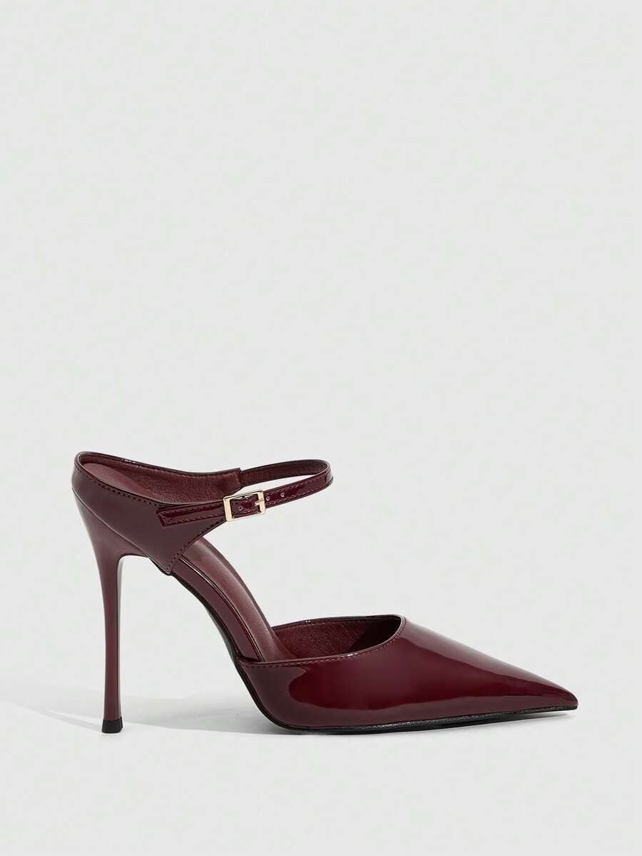 Burgundy pointed toe stiletto high heels with ankle strap buckle detail in patent PU leather