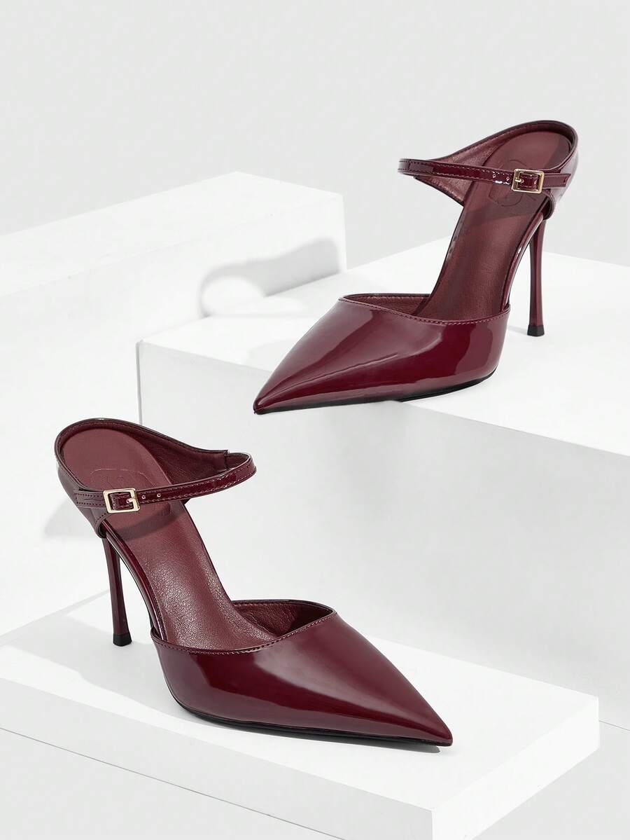 Burgundy pointed toe stiletto high heels with ankle strap buckle detail in patent PU leather