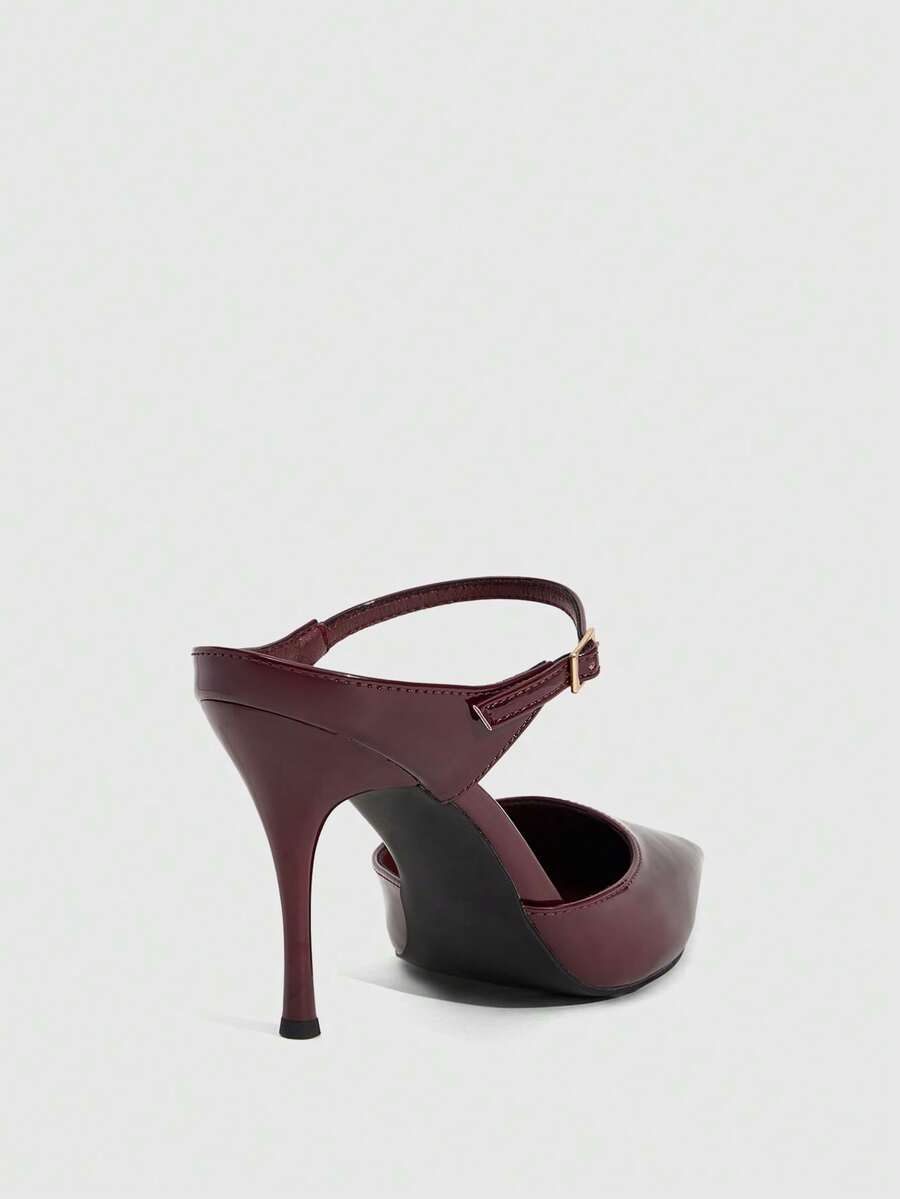 Burgundy pointed toe stiletto high heels with ankle strap buckle detail in patent PU leather