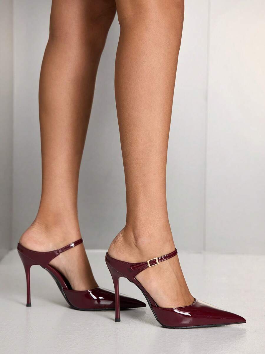 Burgundy pointed toe stiletto high heels with ankle strap buckle detail in patent PU leather